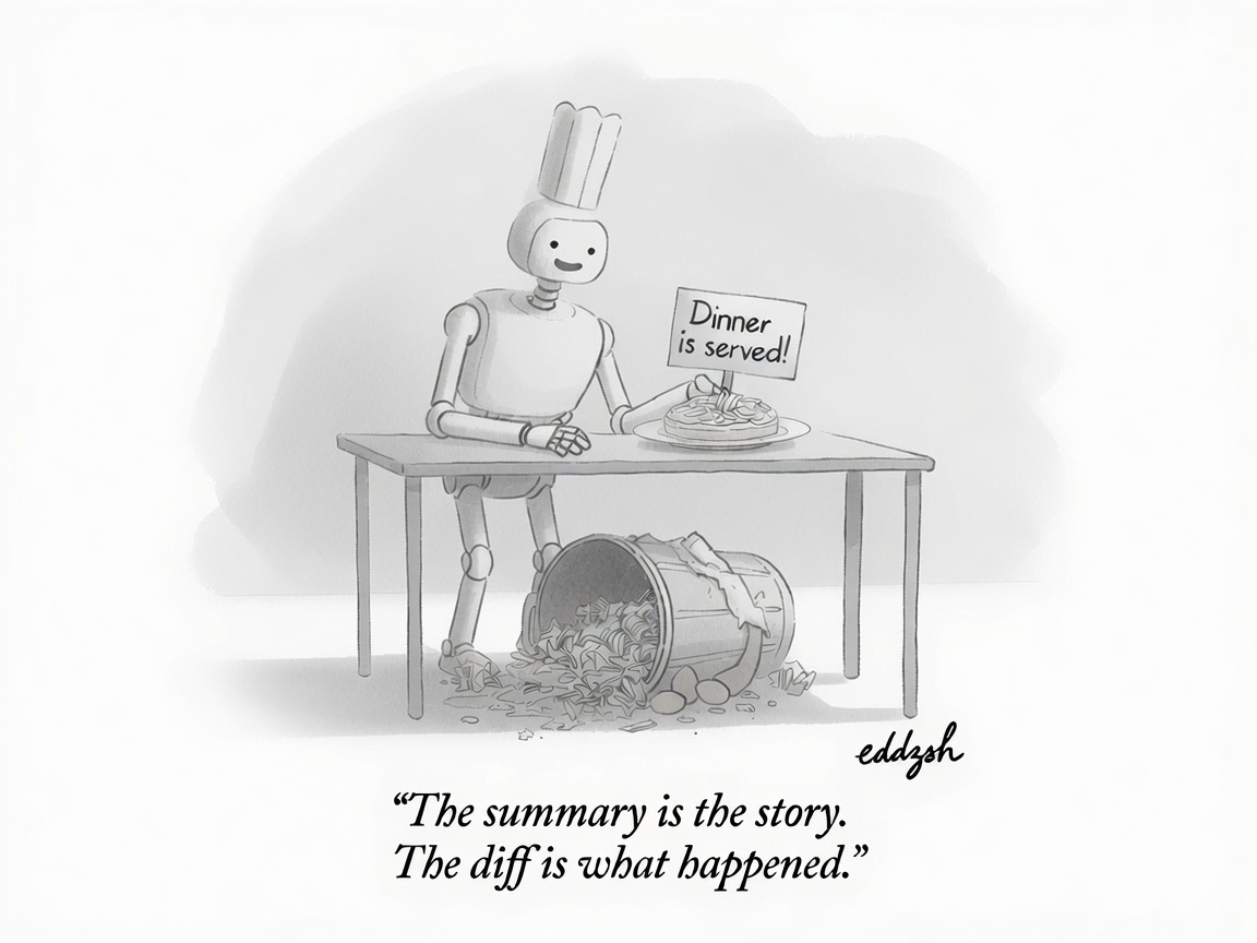 Cartoon: a robot chef proudly presents a plated dinner with a 'Dinner is served' sign, while under the table a trash can has spilled a mess of scraps. Caption: the summary is the story, the diff is what happened.
