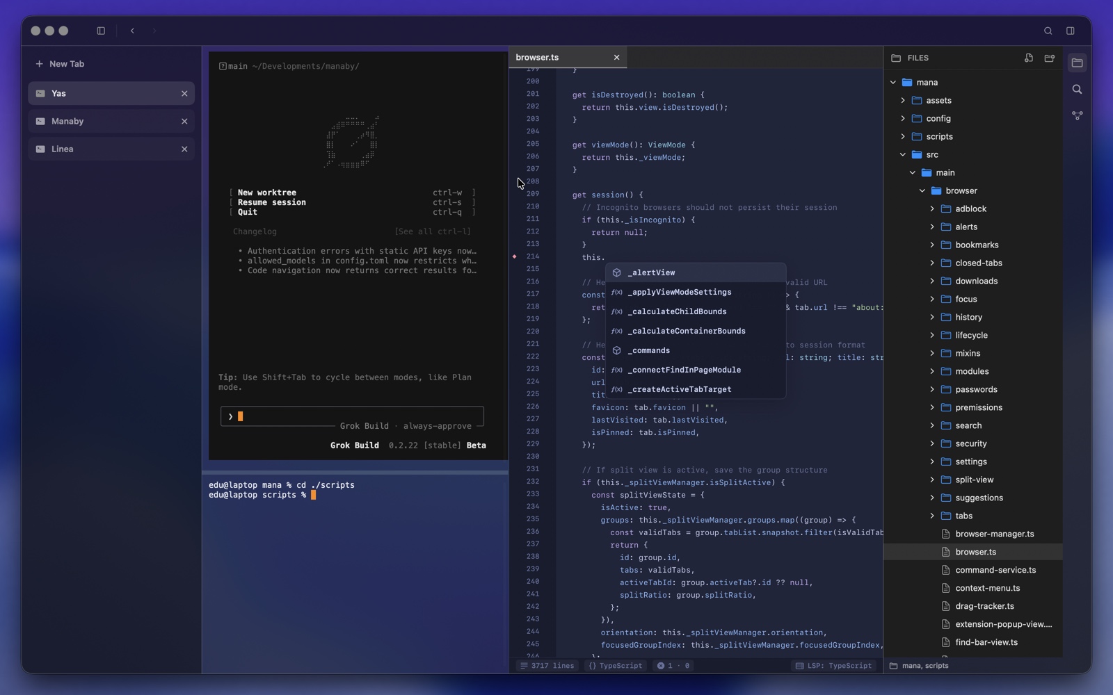 Linea's editor showing real language-server autocomplete