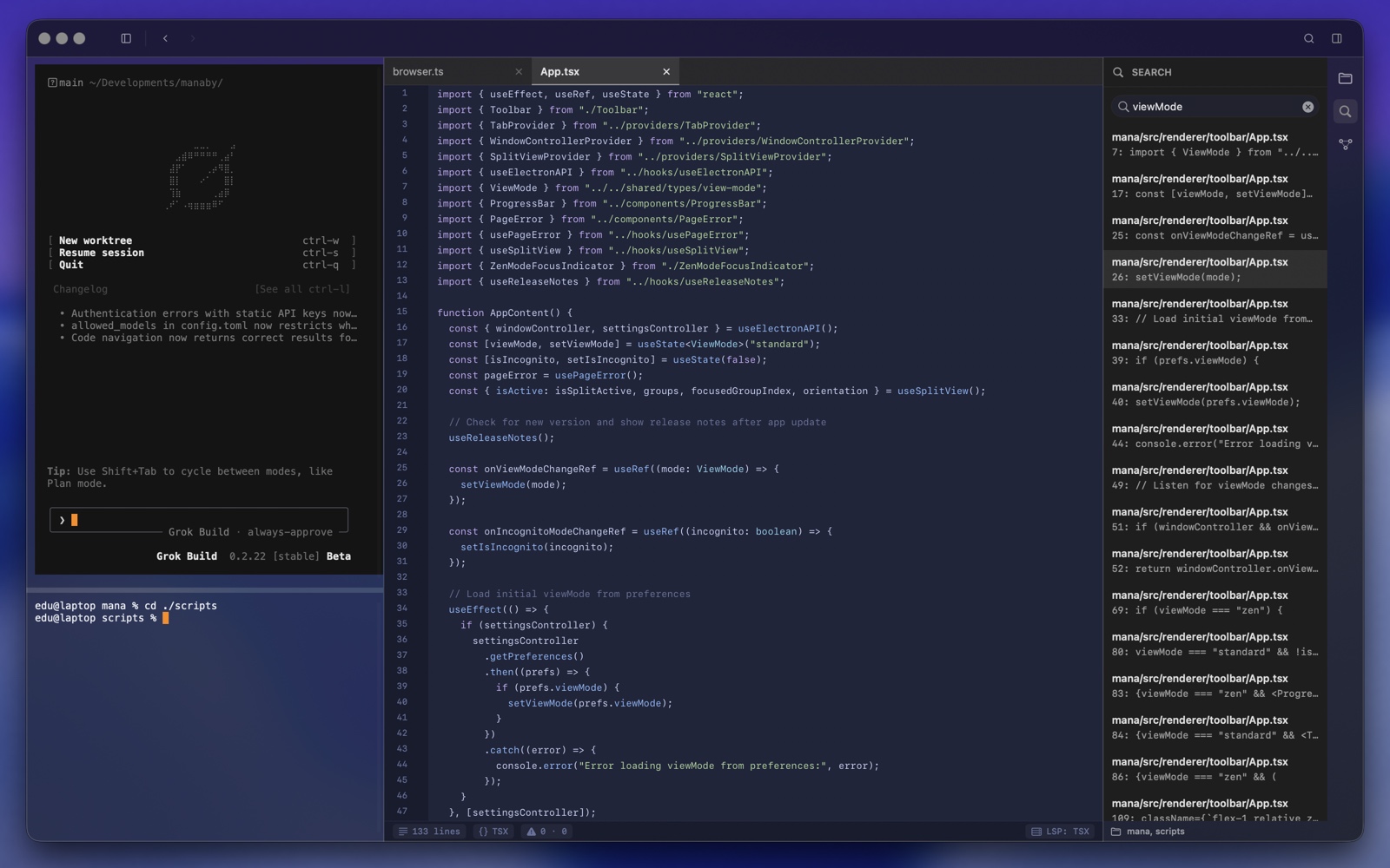 Linea's command palette searching the whole workspace