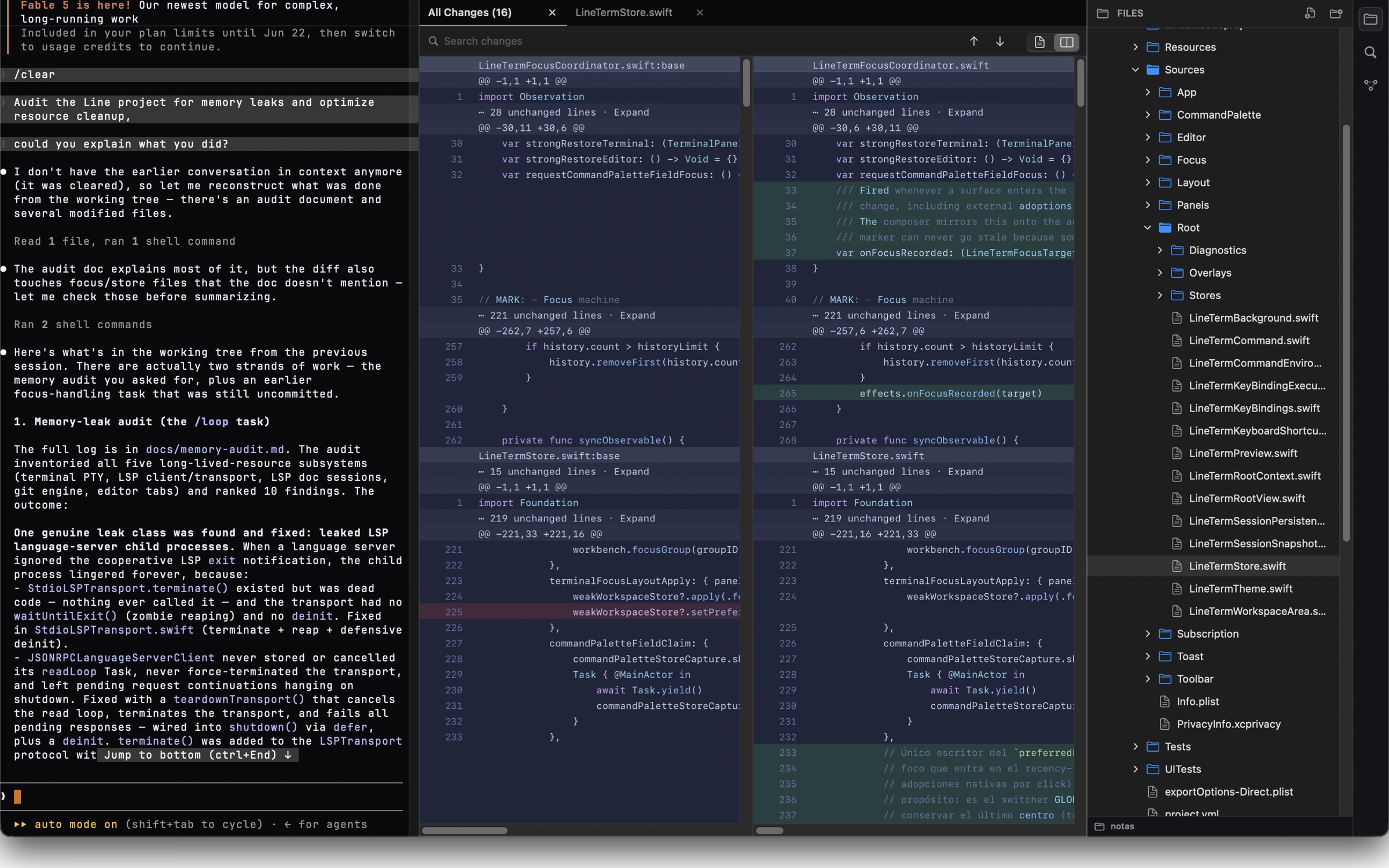 Linea's Git review showing every change the AI agent made, with diffs side by side