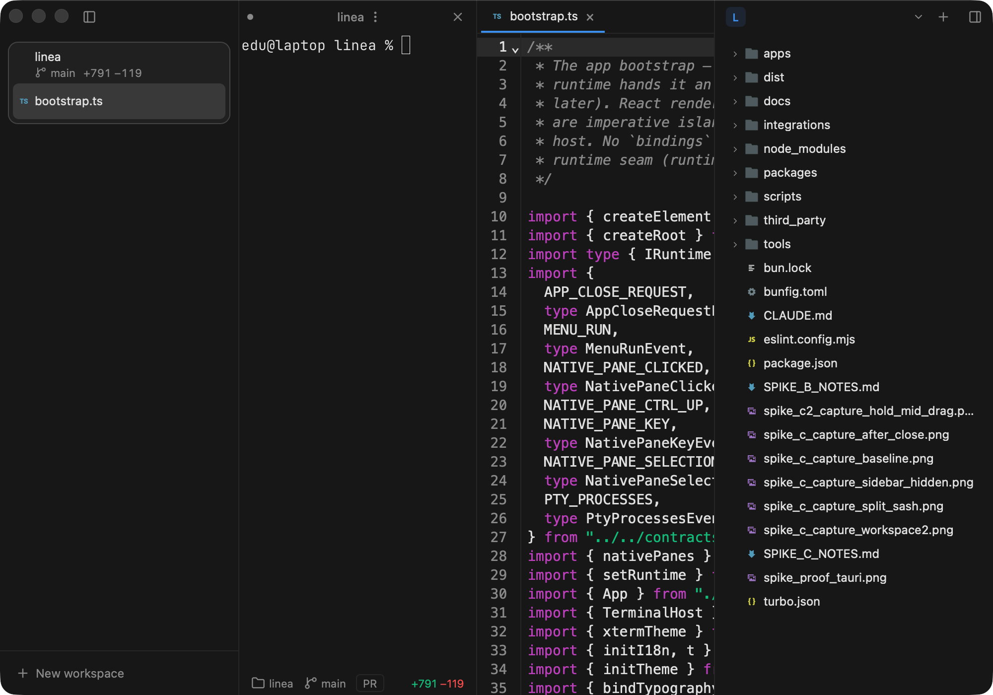 Linea's mini IDE with a TypeScript file open between the terminal and the file tree