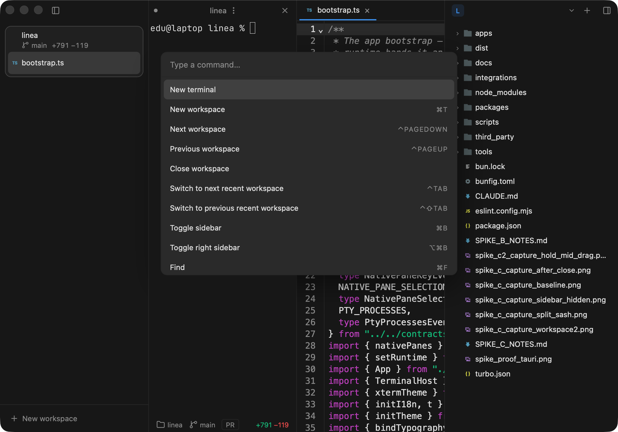 Linea's command palette on macOS, listing commands with their keyboard shortcuts over the workspace