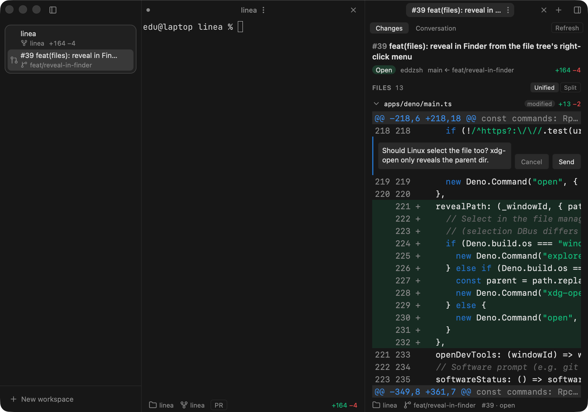 Linea reviewing a pull request beside the terminal: the diff of the branch with a line comment being written