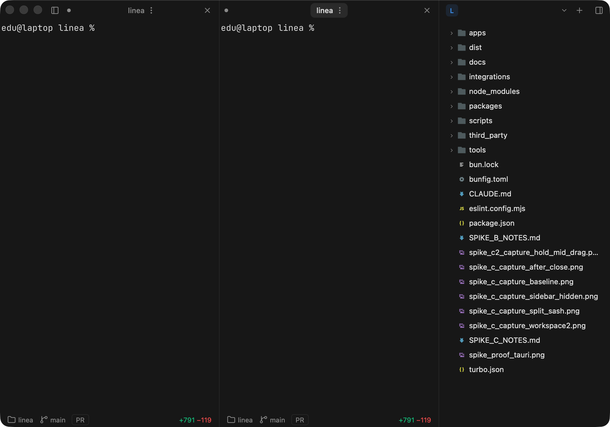 Linea on macOS: two terminal panes side by side with the project file tree following the shell's directory