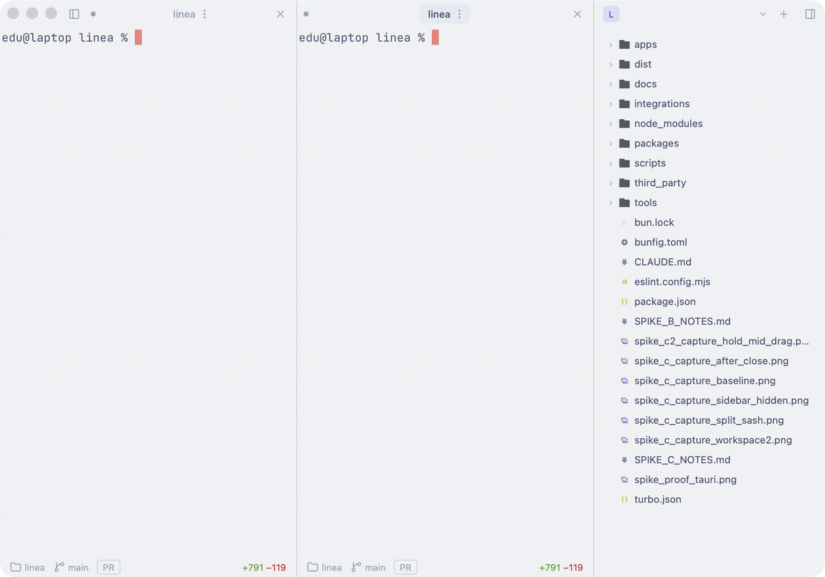 Linea on macOS cycling through its built-in themes — terminal panes retint live