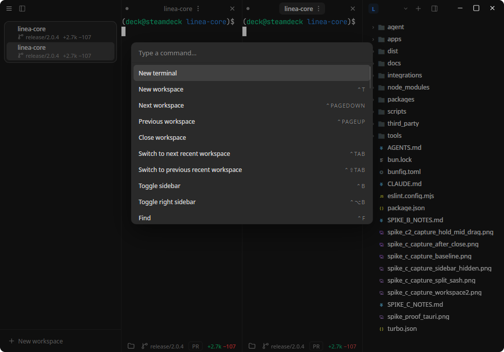 Linea's command palette on Linux, listing commands with their keyboard shortcuts over the workspace