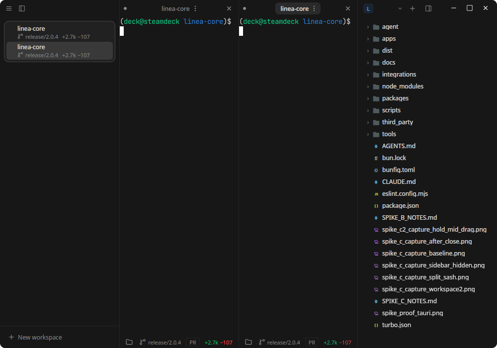 Linea on Linux: two terminal panes side by side with the project file tree