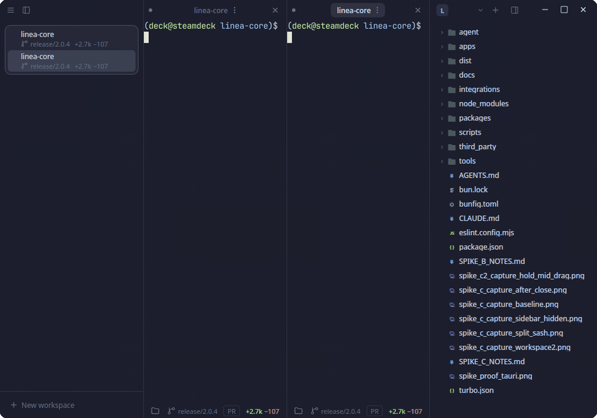 Linea on Linux cycling through its built-in themes — terminal panes retint live