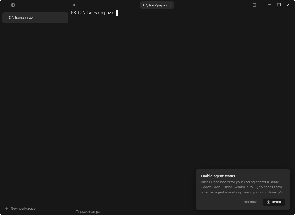 Linea on Windows 11: a terminal pane running PowerShell, with the workspace rail and the agent-status prompt