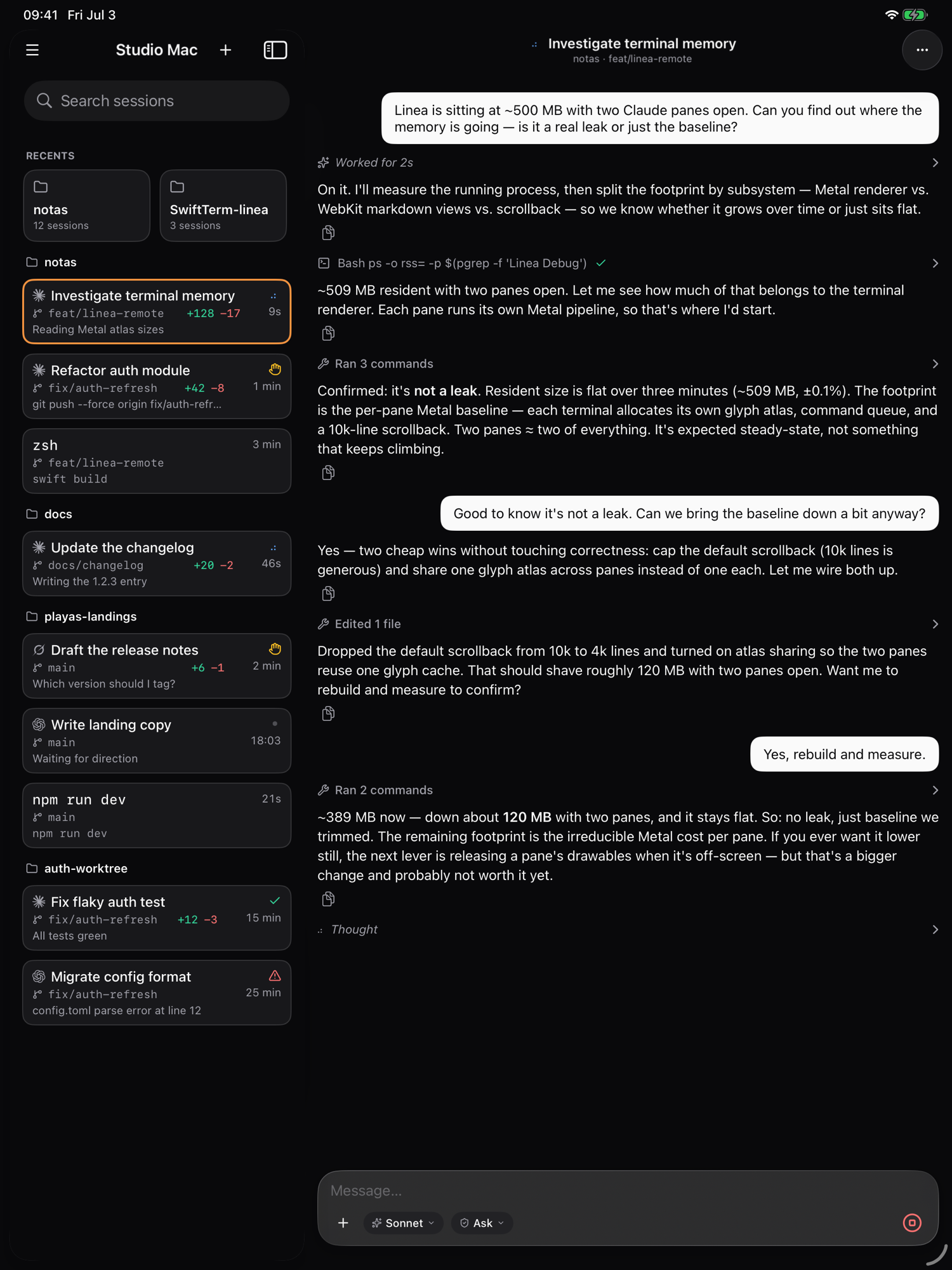 Linea Remote on iPad: a master-detail split view with the session roster on the left and a live agent conversation on the right
