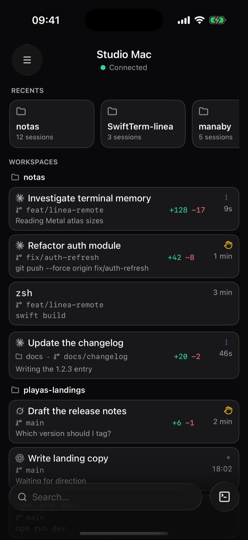 Linea Remote on iPhone: your Mac's agents grouped by folder, each with its branch and live run state