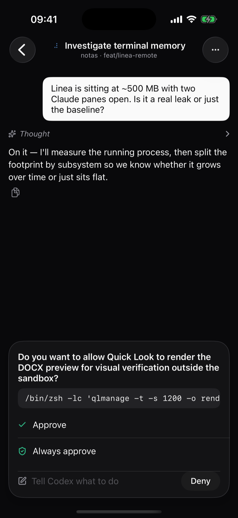 Linea Remote turning the composer into a permission prompt with Approve / Always approve / Deny