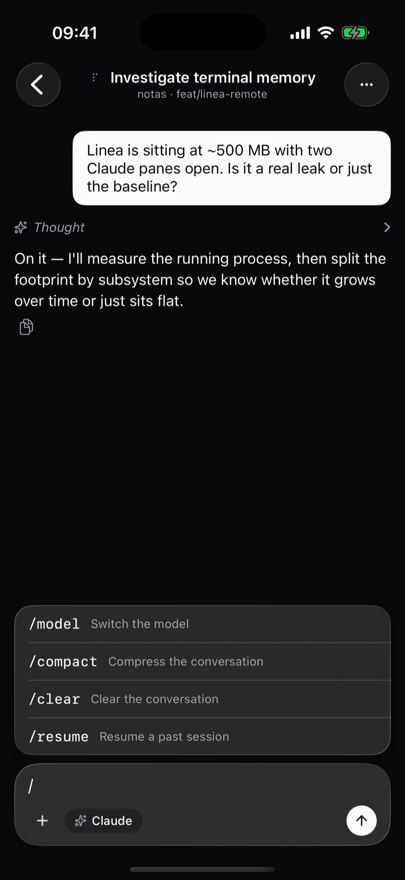 Linea Remote showing the slash-command list above the composer